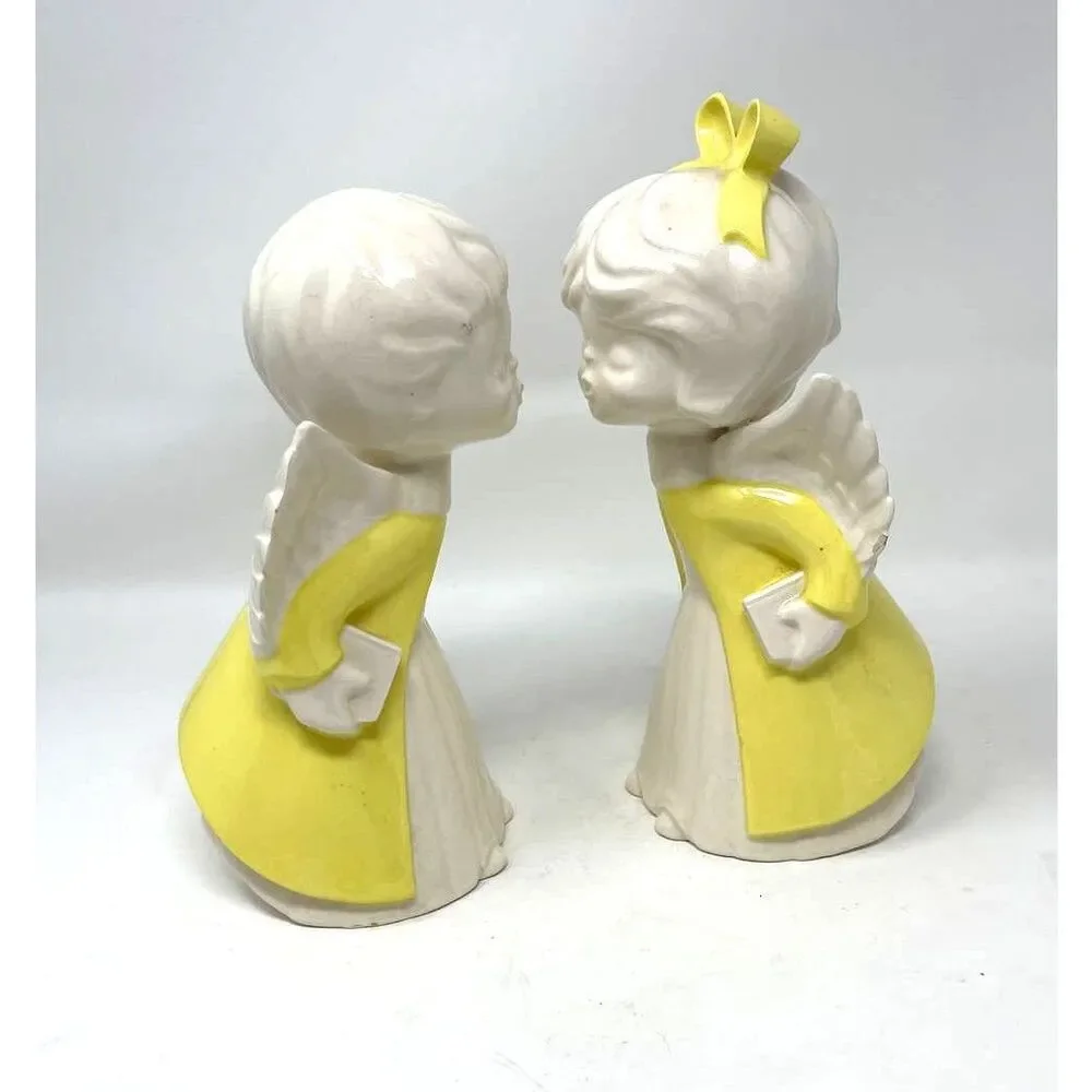 Vintage Boy Girl Angel Figurines Yellow White Mid Century Kissing Holding Bible
